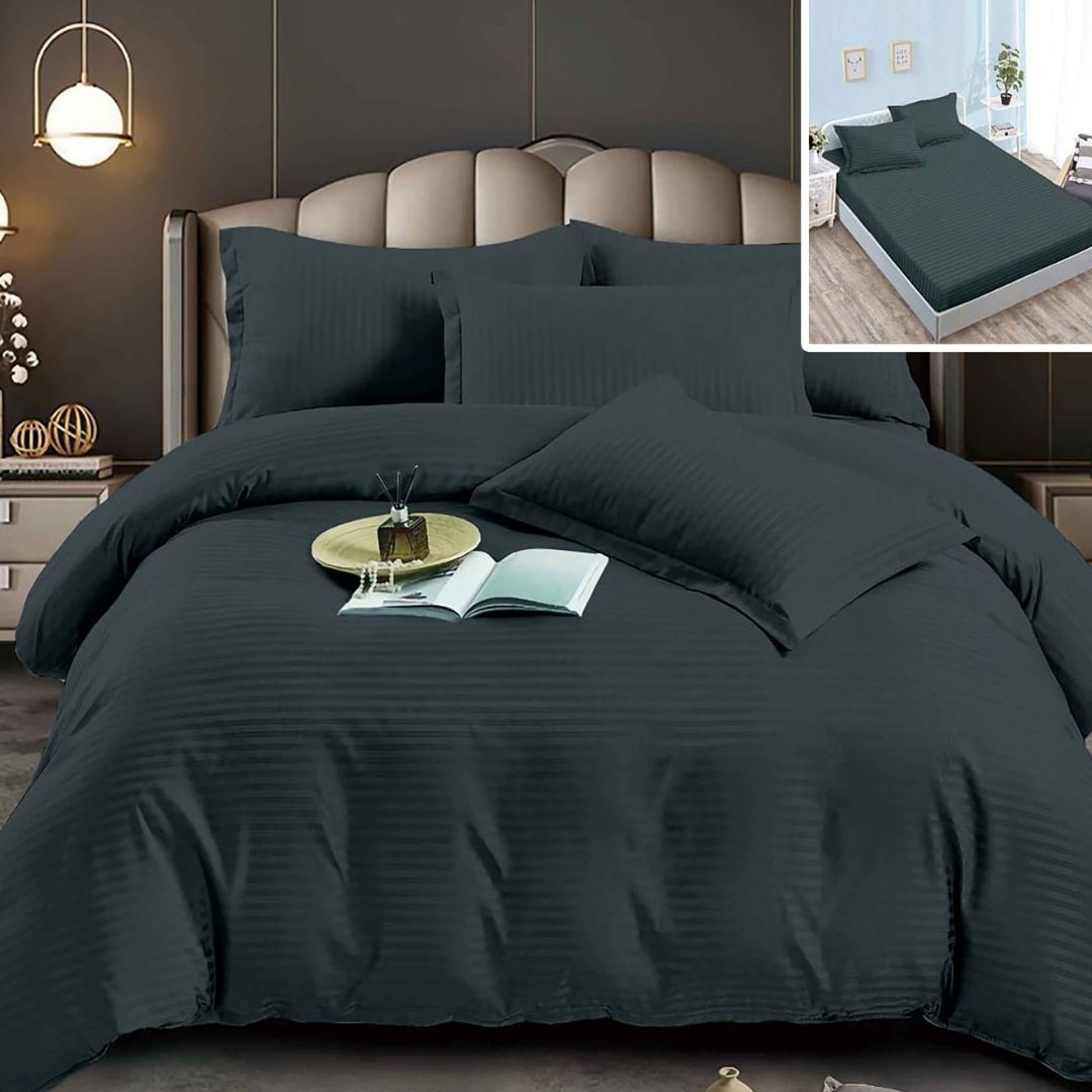 Lenjerie pat dublu DAMASC Policoton 6 piese, Ralex Pucioasa, Cearceaf cu elastic pentru saltea 160x200 cm sau 180x200 cm Negru