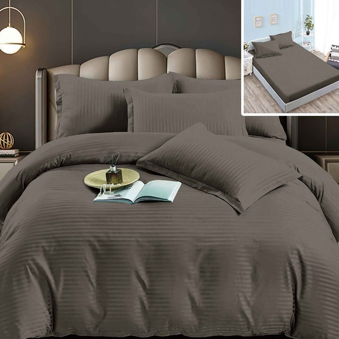 Lenjerie pat dublu DAMASC Policoton 6 piese, Ralex Pucioasa, Cearceaf cu elastic pentru saltea 160x200 cm sau 180x200 cm Cafeniu