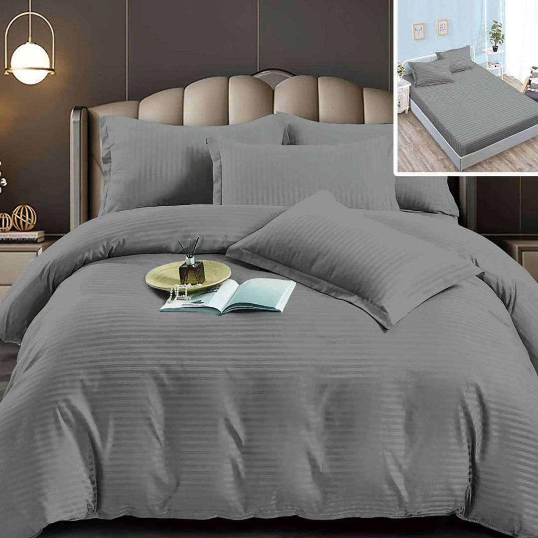 Lenjerie pat dublu DAMASC Policoton 6 piese, Ralex Pucioasa, Cearceaf cu elastic pentru saltea 160x200 cm sau 180x200 cm Gri