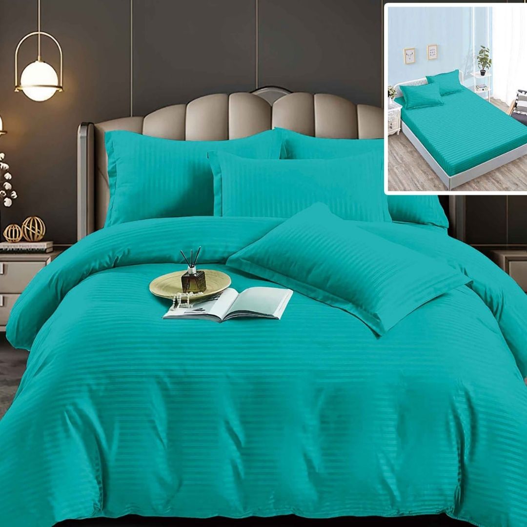 Lenjerie pat dublu DAMASC Policoton 6 piese, Ralex Pucioasa, Cearceaf cu elastic pentru saltea 160x200 cm sau 180x200 cm Turcoaz