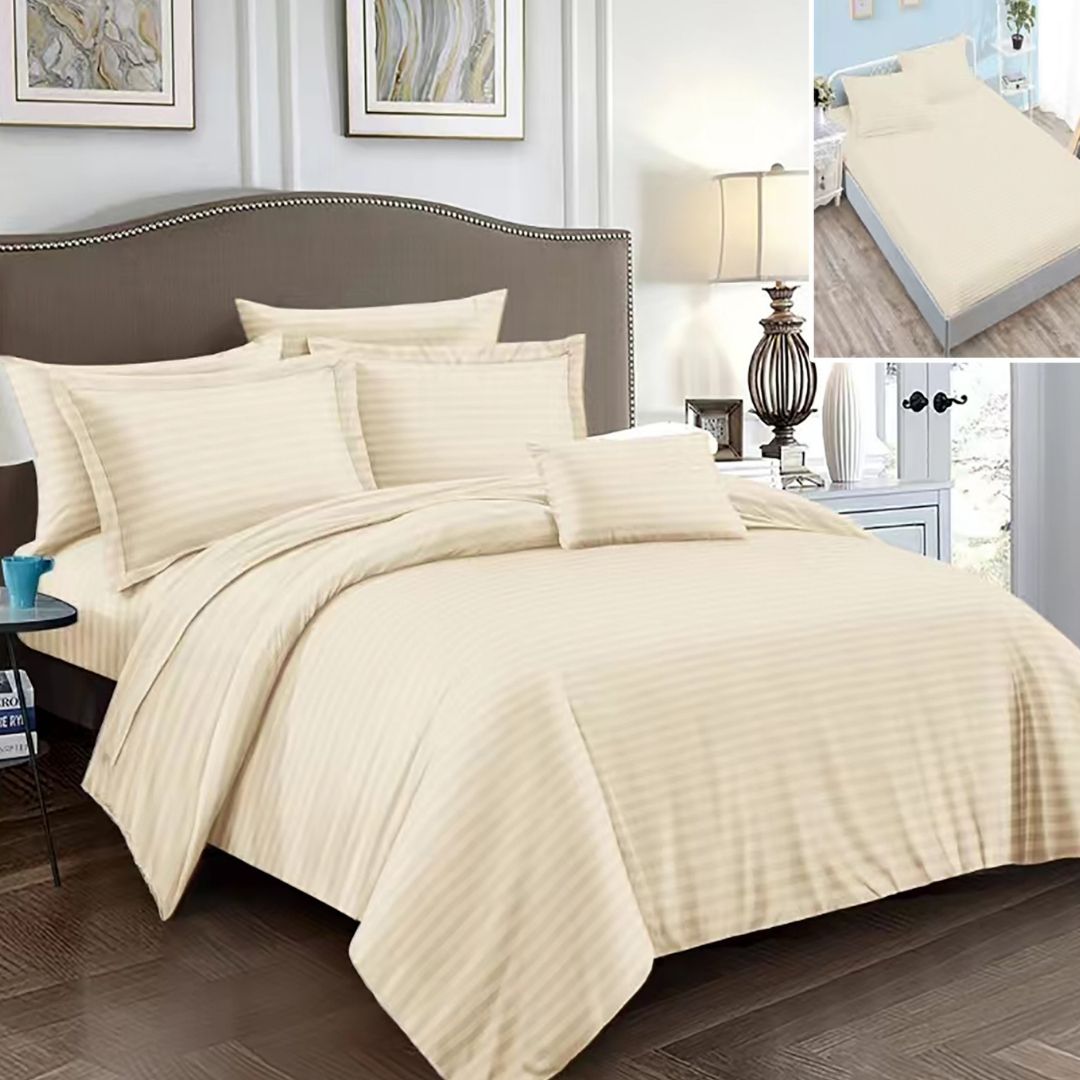 Lenjerie pat dublu DAMASC Policoton 6 piese, Ralex Pucioasa, Cearceaf cu elastic pentru saltea 160x200 cm sau 180x200 cm Crem