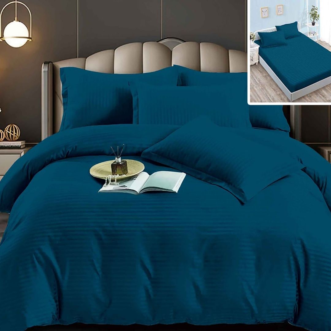 Lenjerie pat dublu DAMASC Policoton 6 piese, Ralex Pucioasa, Cearceaf cu elastic pentru saltea 160x200 cm sau 180x200 cm Turcoaz Inchis