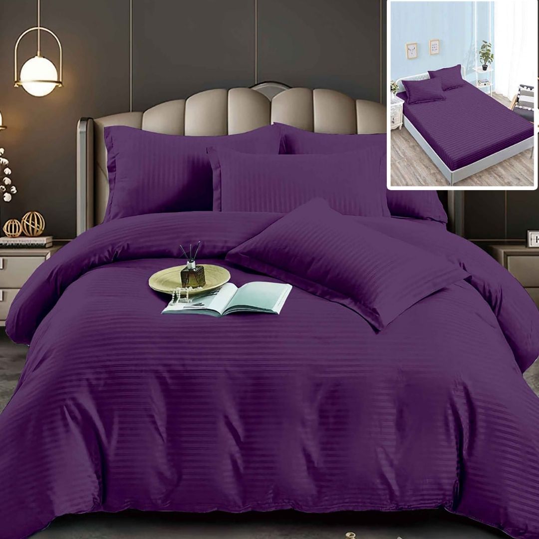 Lenjerie pat dublu DAMASC Policoton 6 piese, Ralex Pucioasa, Cearceaf cu elastic pentru saltea 160x200 cm sau 180x200 cm Mov