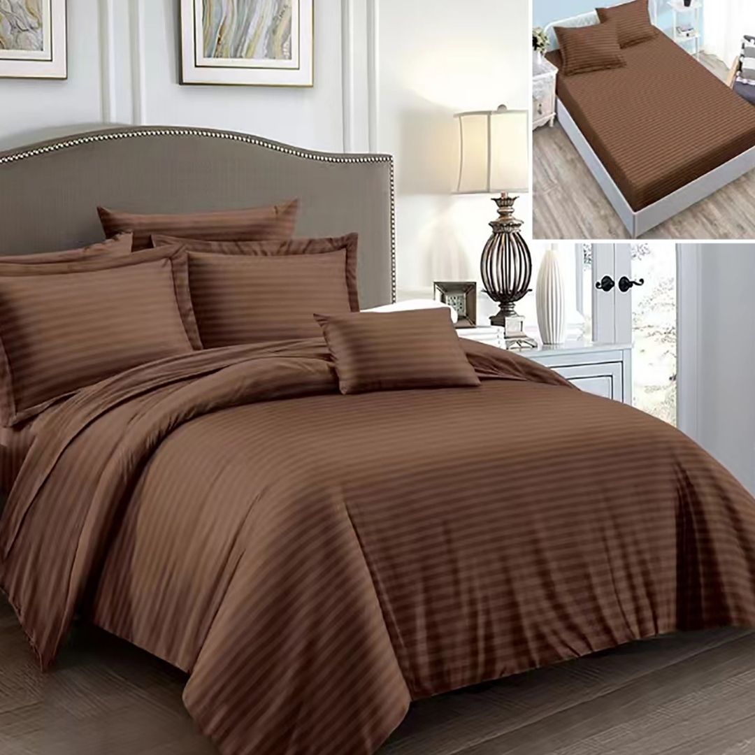 Lenjerie pat dublu DAMASC Policoton 6 piese, Ralex Pucioasa, Cearceaf cu elastic pentru saltea 160x200 cm sau 180x200 cm Maro