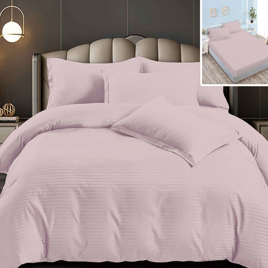 Lenjerie pat dublu DAMASC Policoton 6 piese, Ralex Pucioasa, Cearceaf cu elastic pentru saltea 160×200 cm sau 180×200 cm Pudra