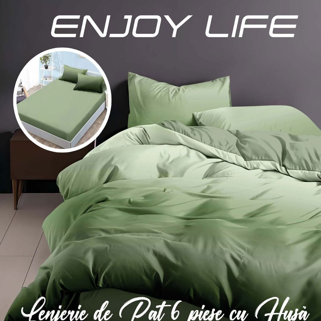 Lenjerie pat dublu Bumbac Finet Gros 6 piese Cearsaf cu elastic universal pentru saltea 160×200/180×200 cm Ralex Pucioasa ENJOY LIFE VERDE