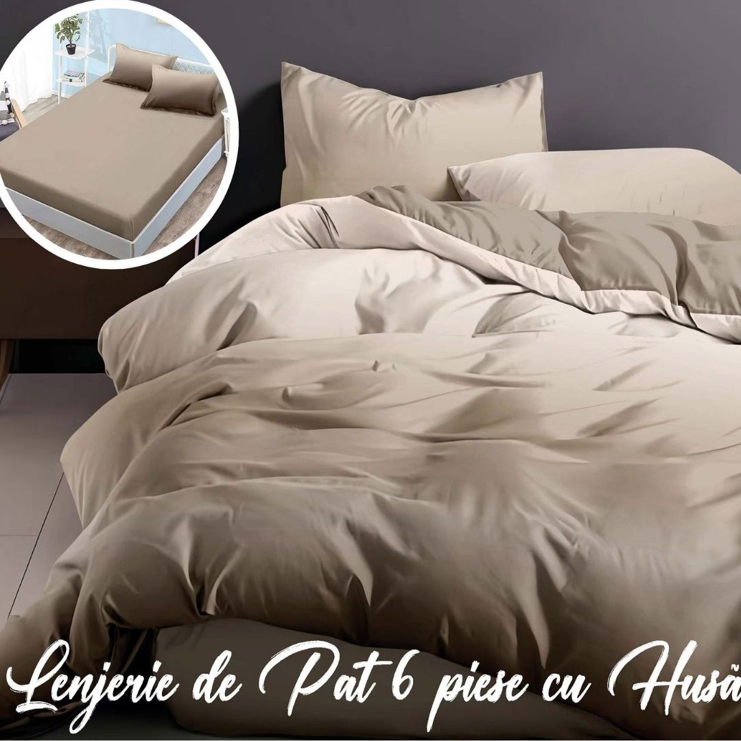 Lenjerie pat dublu Bumbac Finet Gros 6 piese Cearsaf cu elastic universal pentru saltea 160×200/180×200 cm Ralex Pucioasa ENJOY LIFE BEJ