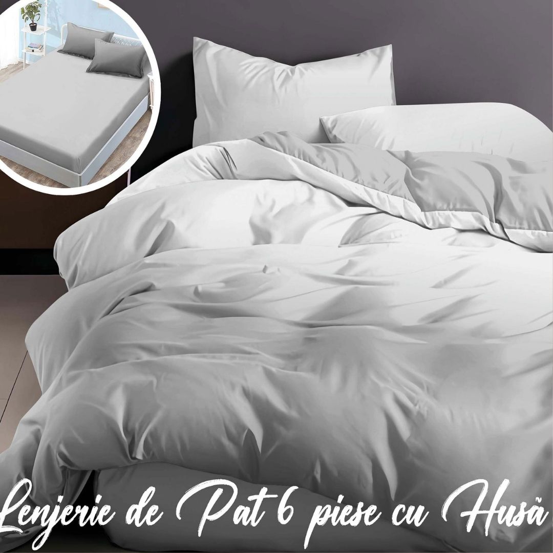 Lenjerie pat dublu Bumbac Finet Gros 6 piese Cearsaf cu elastic universal pentru saltea 160×200/180×200 cm Ralex Pucioasa ENJOY LIFE GRI