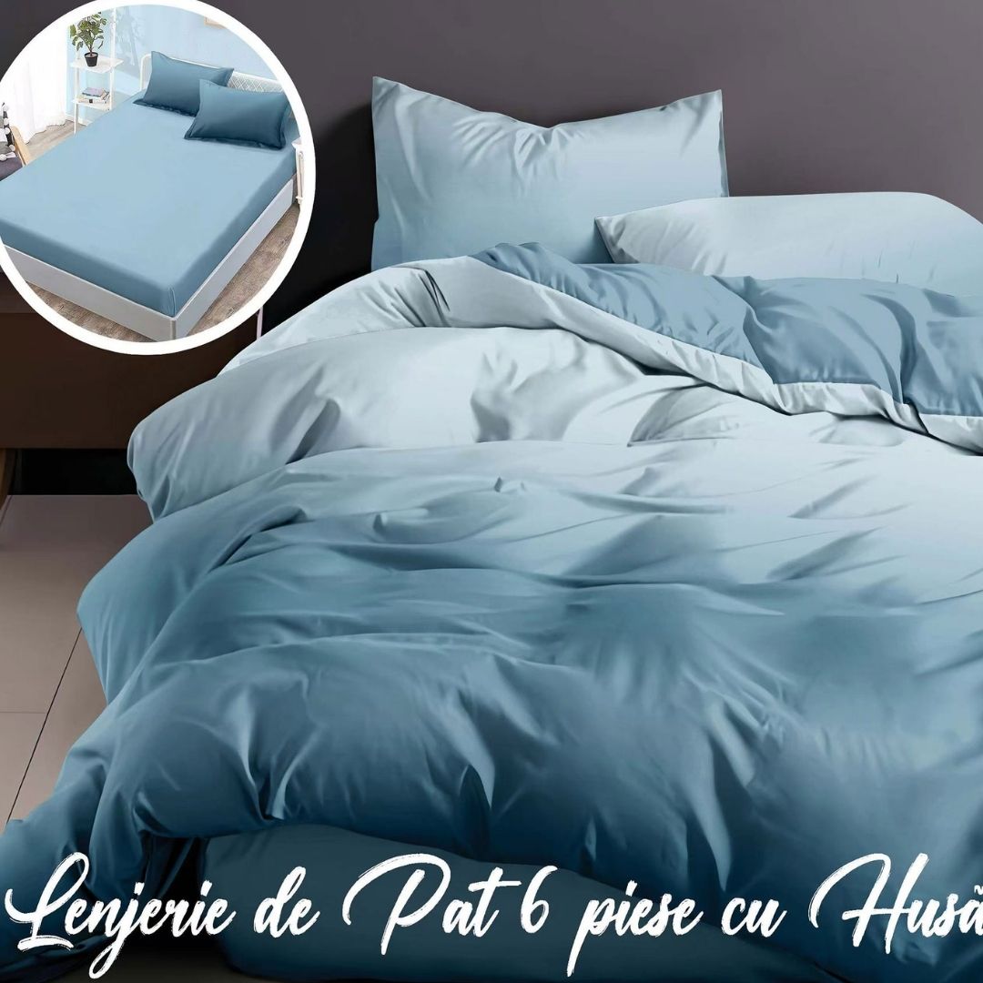 Lenjerie pat dublu Bumbac Finet Gros 6 piese Cearsaf cu elastic universal pentru saltea 160×200/180×200 cm Ralex Pucioasa ENJOY LIFE BLEU