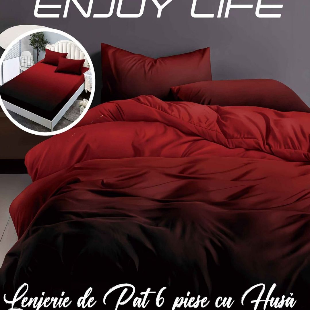Lenjerie pat dublu Bumbac Finet Gros 6 piese Cearsaf cu elastic universal pentru saltea 160×200/180×200 cm Ralex Pucioasa ENJOY LIFE BURGUNDY