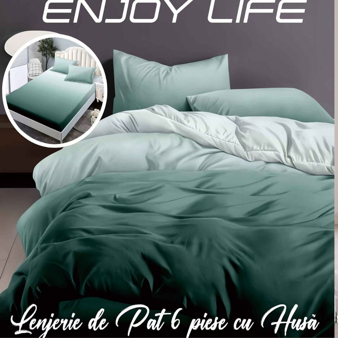 Lenjerie pat dublu Bumbac Finet Gros 6 piese Cearsaf cu elastic universal pentru saltea 160×200/180×200 cm Ralex Pucioasa ENJOY LIFE TURCOAZ
