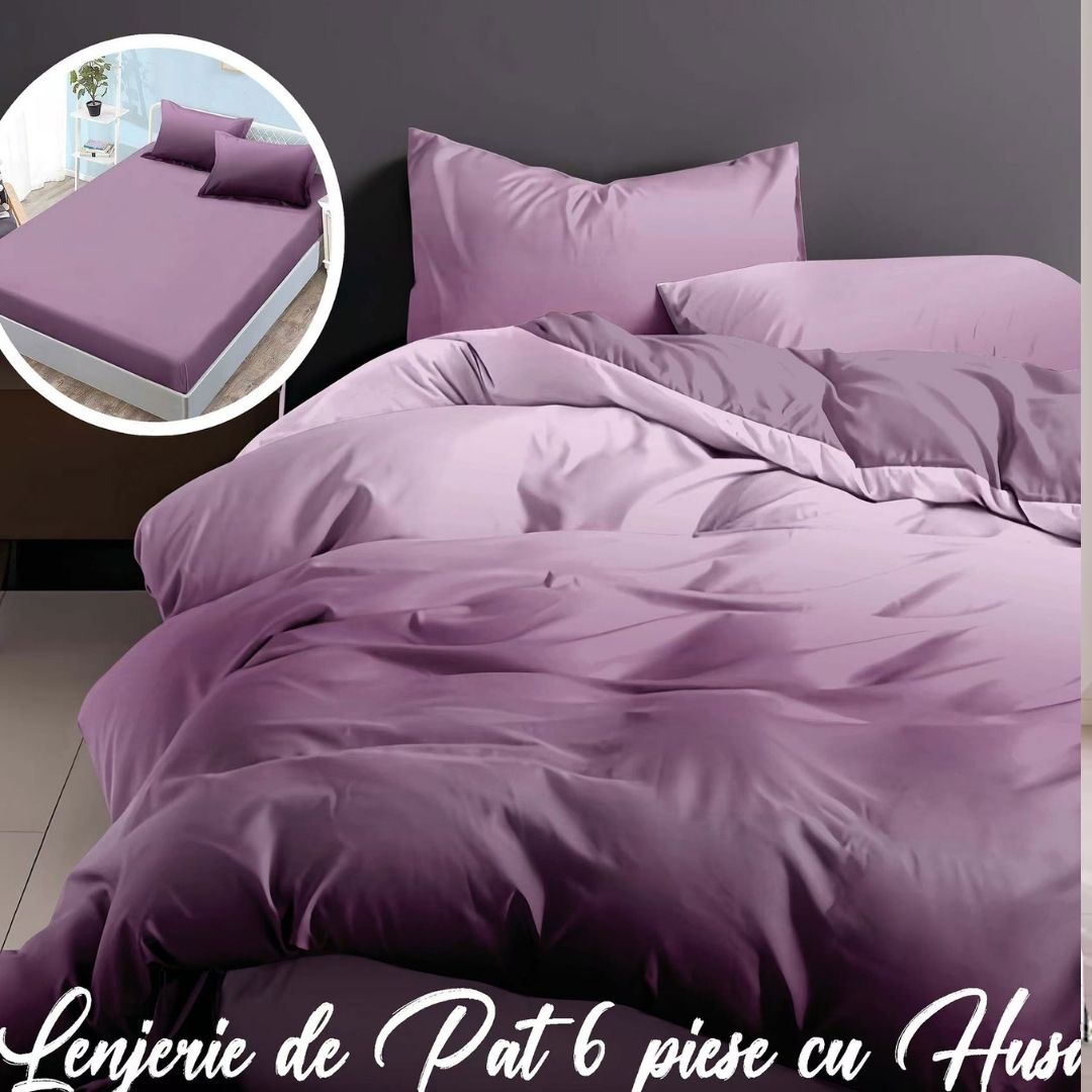 Lenjerie pat dublu Bumbac Finet Gros 6 piese Cearsaf cu elastic universal pentru saltea 160×200/180×200 cm Ralex Pucioasa ENJOY LIFE VIOLET