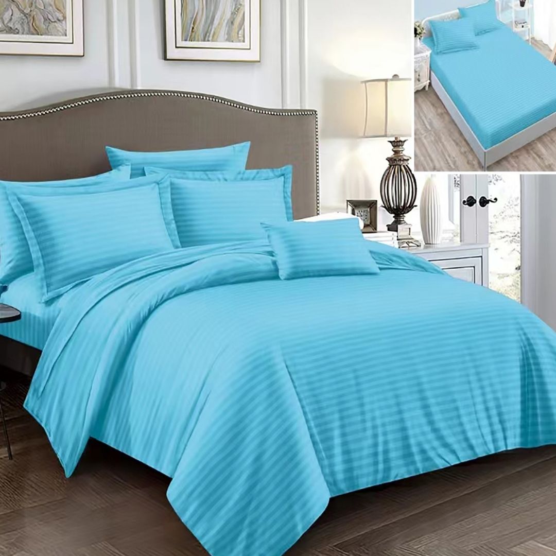 Lenjerie pat dublu DAMASC Policoton 6 piese, Ralex Pucioasa, Cearceaf cu elastic pentru saltea 160x200 cm sau 180x200 cm Bleu