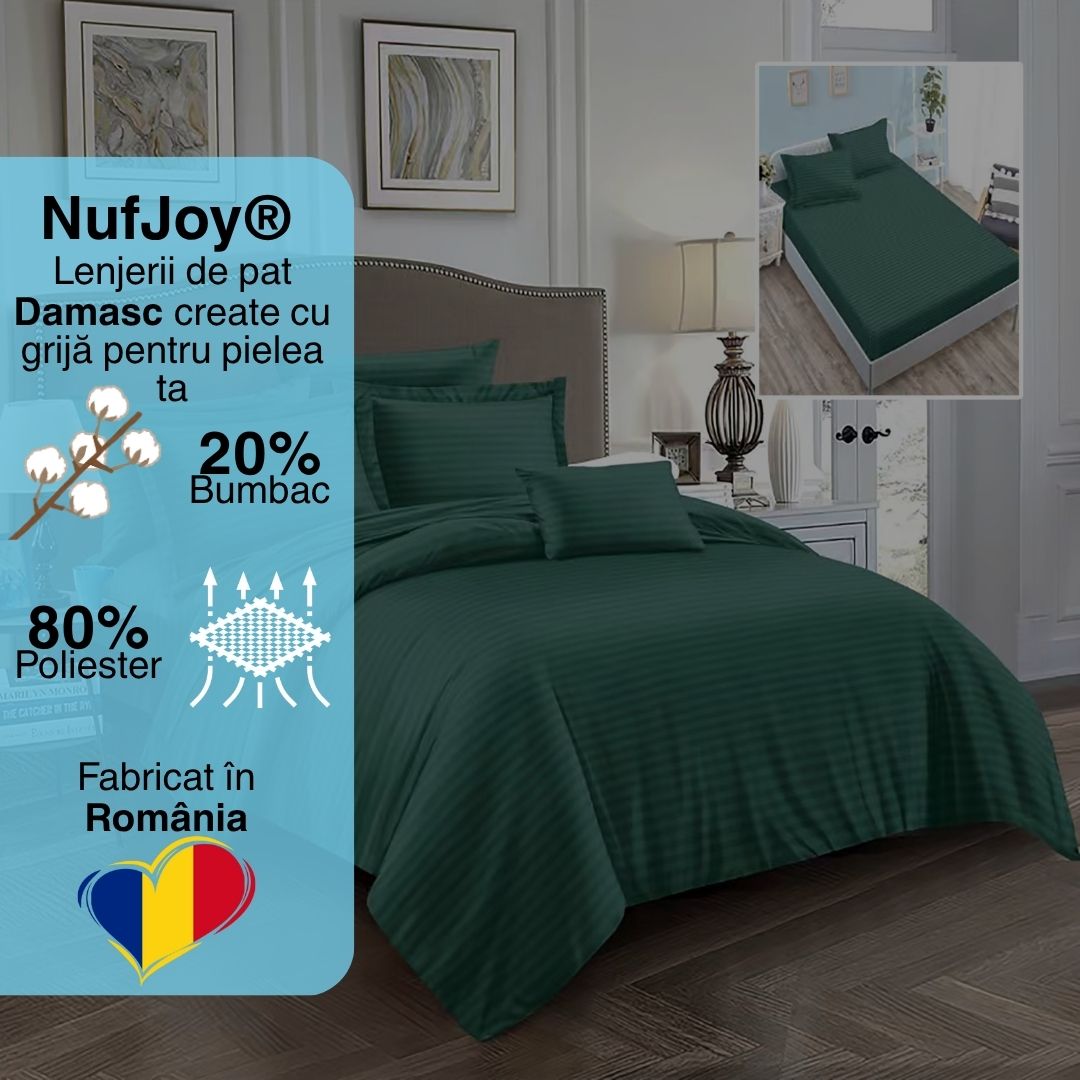 Lenjerie pat dublu DAMASC Policoton 6 piese, Ralex Pucioasa, Cearceaf cu elastic pentru saltea 160x200 cm sau 180x200 cm Verde Inchis