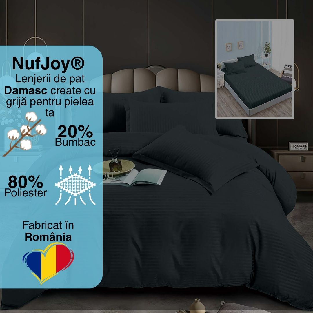 Lenjerie pat dublu DAMASC Policoton 6 piese, Ralex Pucioasa, Cearceaf cu elastic pentru saltea 160x200 cm sau 180x200 cm Negru