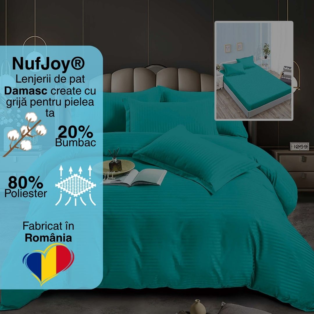 Lenjerie pat dublu DAMASC Policoton 6 piese, Ralex Pucioasa, Cearceaf cu elastic pentru saltea 160x200 cm sau 180x200 cm Turcoaz