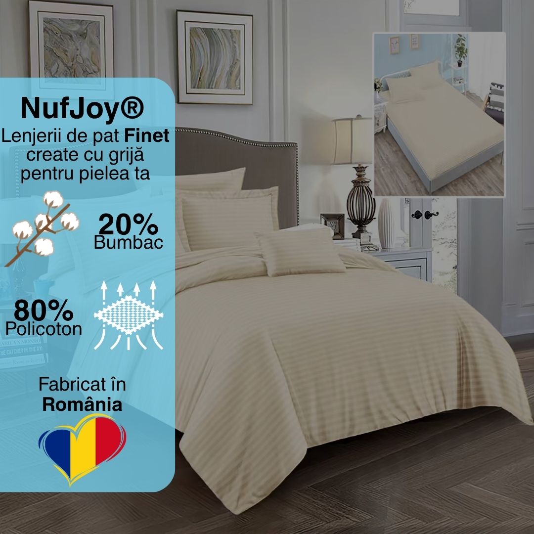 Lenjerie pat dublu DAMASC Policoton 6 piese, Ralex Pucioasa, Cearceaf cu elastic pentru saltea 160x200 cm sau 180x200 cm Crem