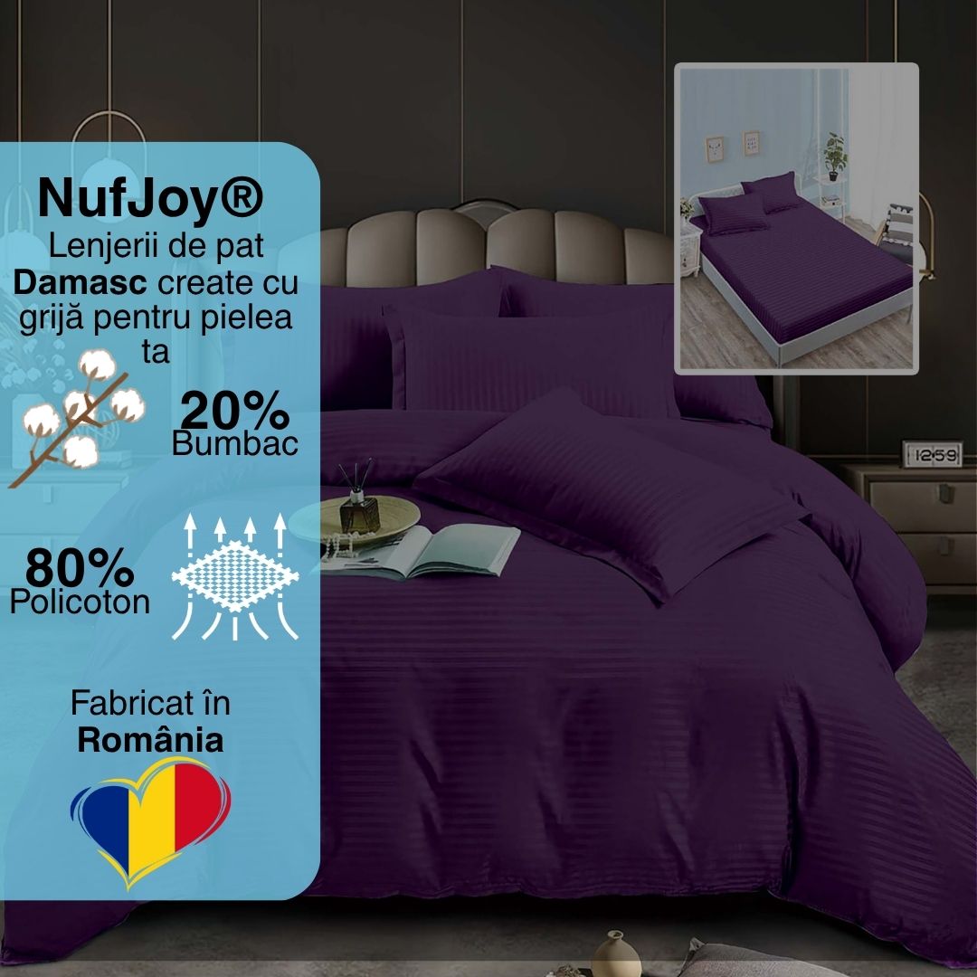 Lenjerie pat dublu DAMASC Policoton 6 piese, Ralex Pucioasa, Cearceaf cu elastic pentru saltea 160x200 cm sau 180x200 cm Mov