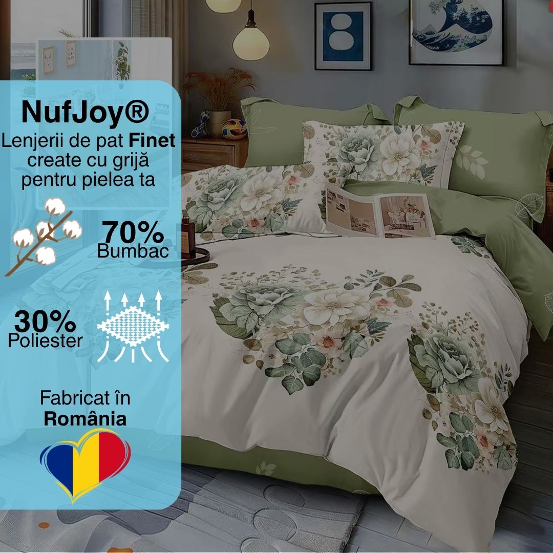 Lenjerie pat dublu Bumbac Finet Gros 6 piese Cearsaf cu elastic universal pentru saltea 160×200/180×200 cm Ralex Pucioasa AUBRIELLE-VH