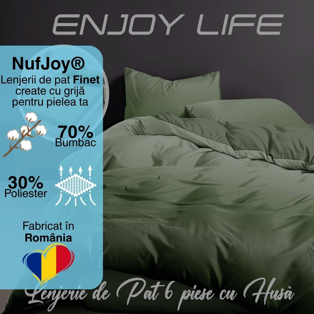 Lenjerie pat dublu Bumbac Finet Gros 6 piese Cearsaf cu elastic universal pentru saltea 160×200/180×200 cm Ralex Pucioasa ENJOY LIFE VERDE