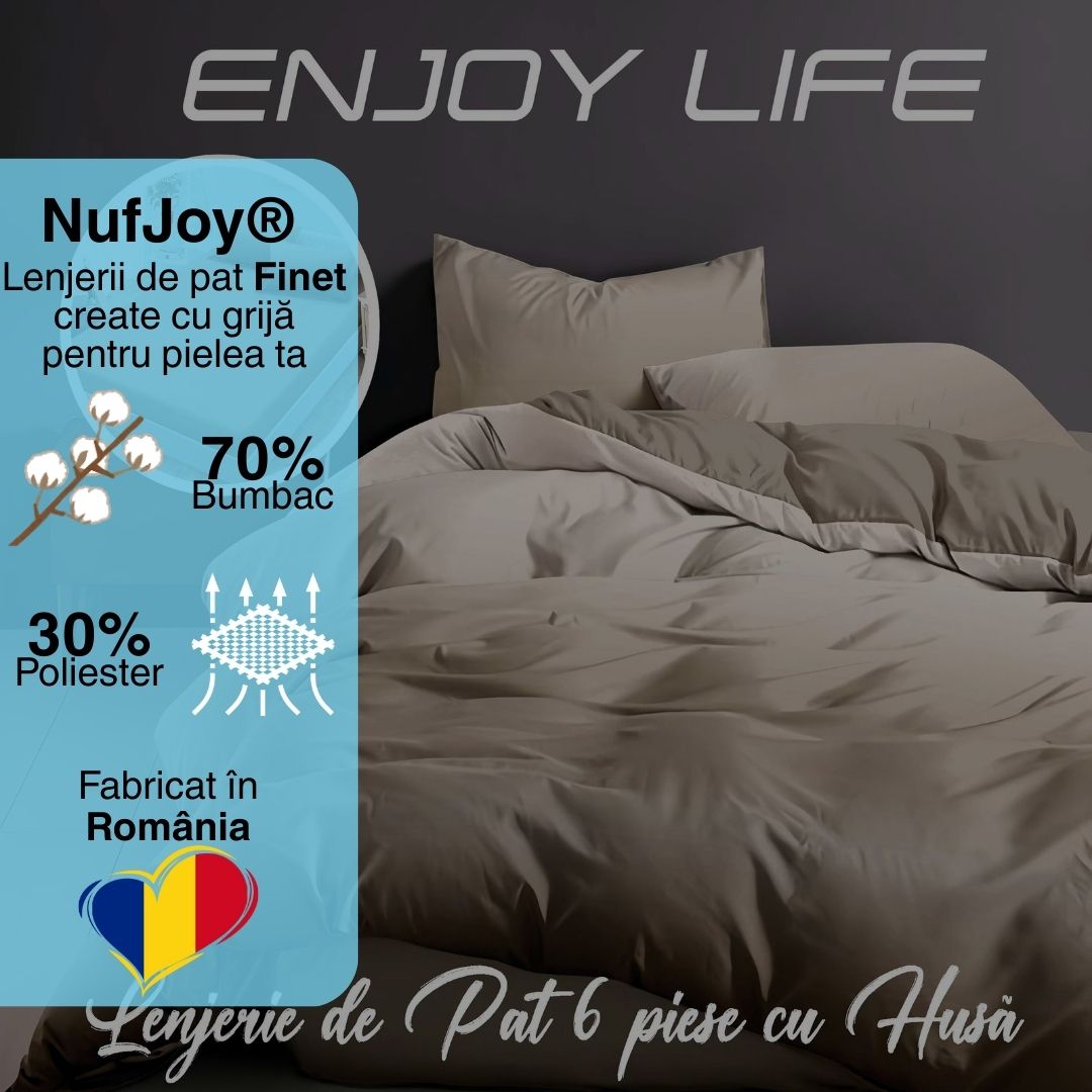 Lenjerie pat dublu Bumbac Finet Gros 6 piese Cearsaf cu elastic universal pentru saltea 160×200/180×200 cm Ralex Pucioasa ENJOY LIFE BEJ