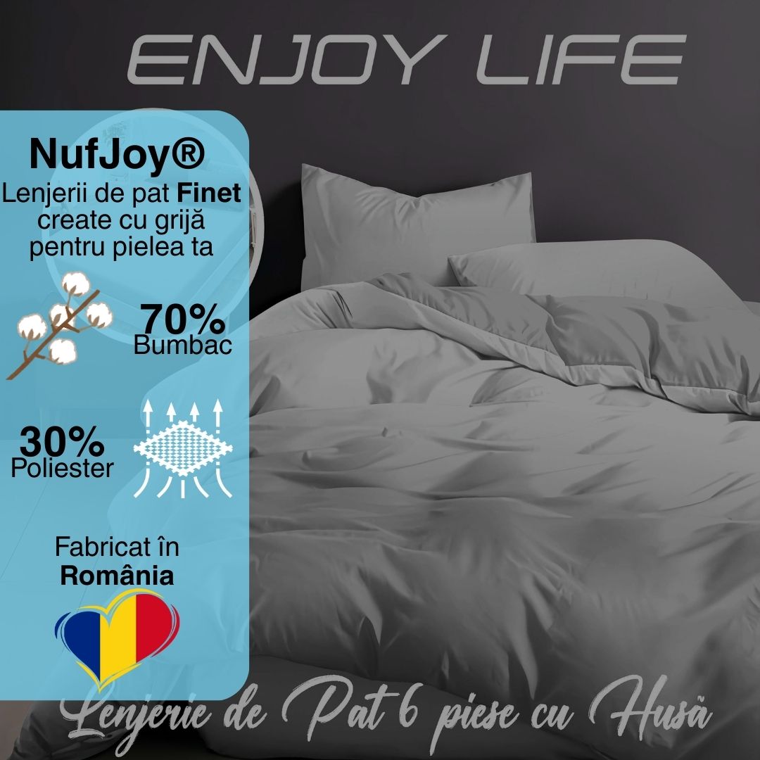 Lenjerie pat dublu Bumbac Finet Gros 6 piese Cearsaf cu elastic universal pentru saltea 160×200/180×200 cm Ralex Pucioasa ENJOY LIFE GRI