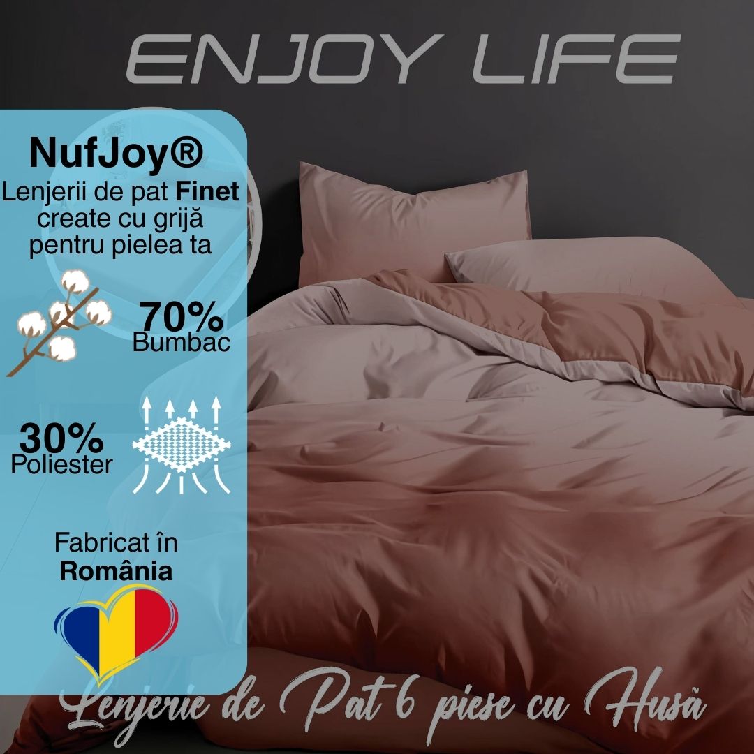Lenjerie pat dublu Bumbac Finet Gros 6 piese Cearsaf cu elastic universal pentru saltea 160×200/180×200 cm Ralex Pucioasa ENJOY LIFE CORAI