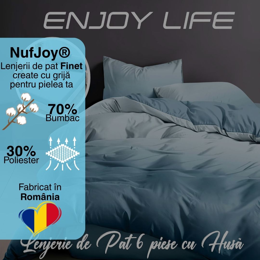 Lenjerie pat dublu Bumbac Finet Gros 6 piese Cearsaf cu elastic universal pentru saltea 160×200/180×200 cm Ralex Pucioasa ENJOY LIFE BLEU