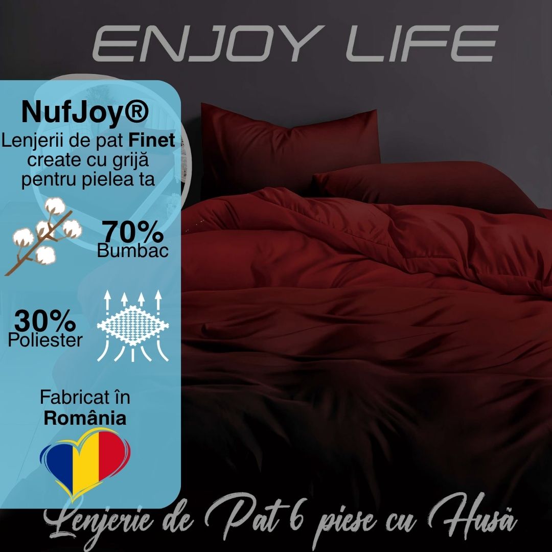 Lenjerie pat dublu Bumbac Finet Gros 6 piese Cearsaf cu elastic universal pentru saltea 160×200/180×200 cm Ralex Pucioasa ENJOY LIFE BURGUNDY
