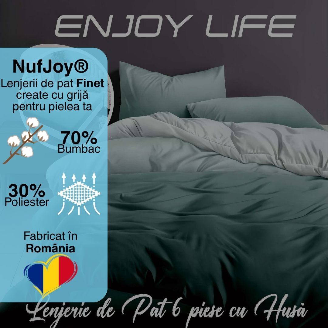 Lenjerie pat dublu Bumbac Finet Gros 6 piese Cearsaf cu elastic universal pentru saltea 160×200/180×200 cm Ralex Pucioasa ENJOY LIFE TURCOAZ