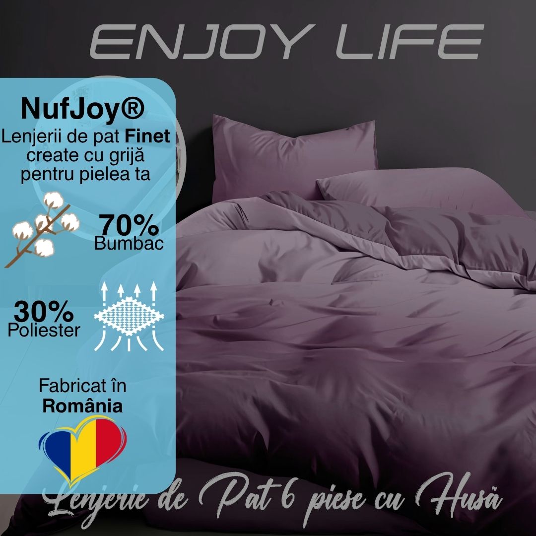 Lenjerie pat dublu Bumbac Finet Gros 6 piese Cearsaf cu elastic universal pentru saltea 160×200/180×200 cm Ralex Pucioasa ENJOY LIFE VIOLET