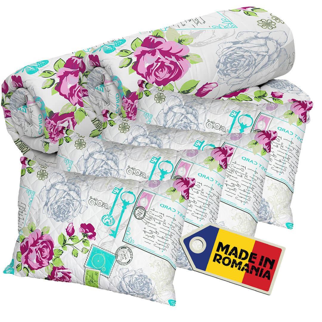 Set 2 Pilote Matlasate Alcam 200x220  cm si 4 Perne 50x70 cm Roses