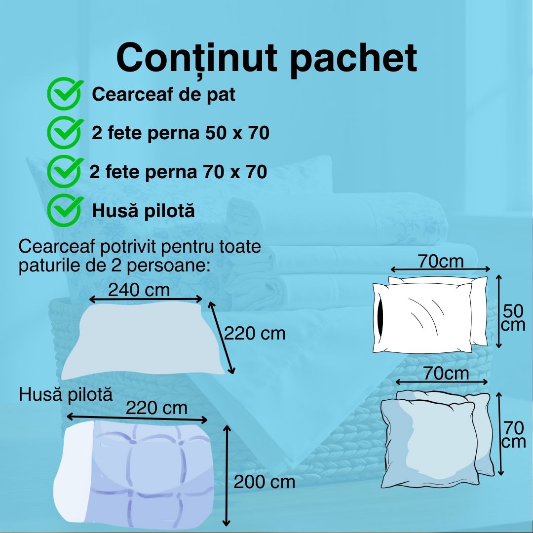 Lenjerie de pat 2 persoane, FINET 6 piese, Ralex Pucioasa, cearceaf pat 230x250 cm, cearceaf pilota 200x230 cm, 2 fete perna 70x70 cm, 2 fete perna 50x70 cm F474