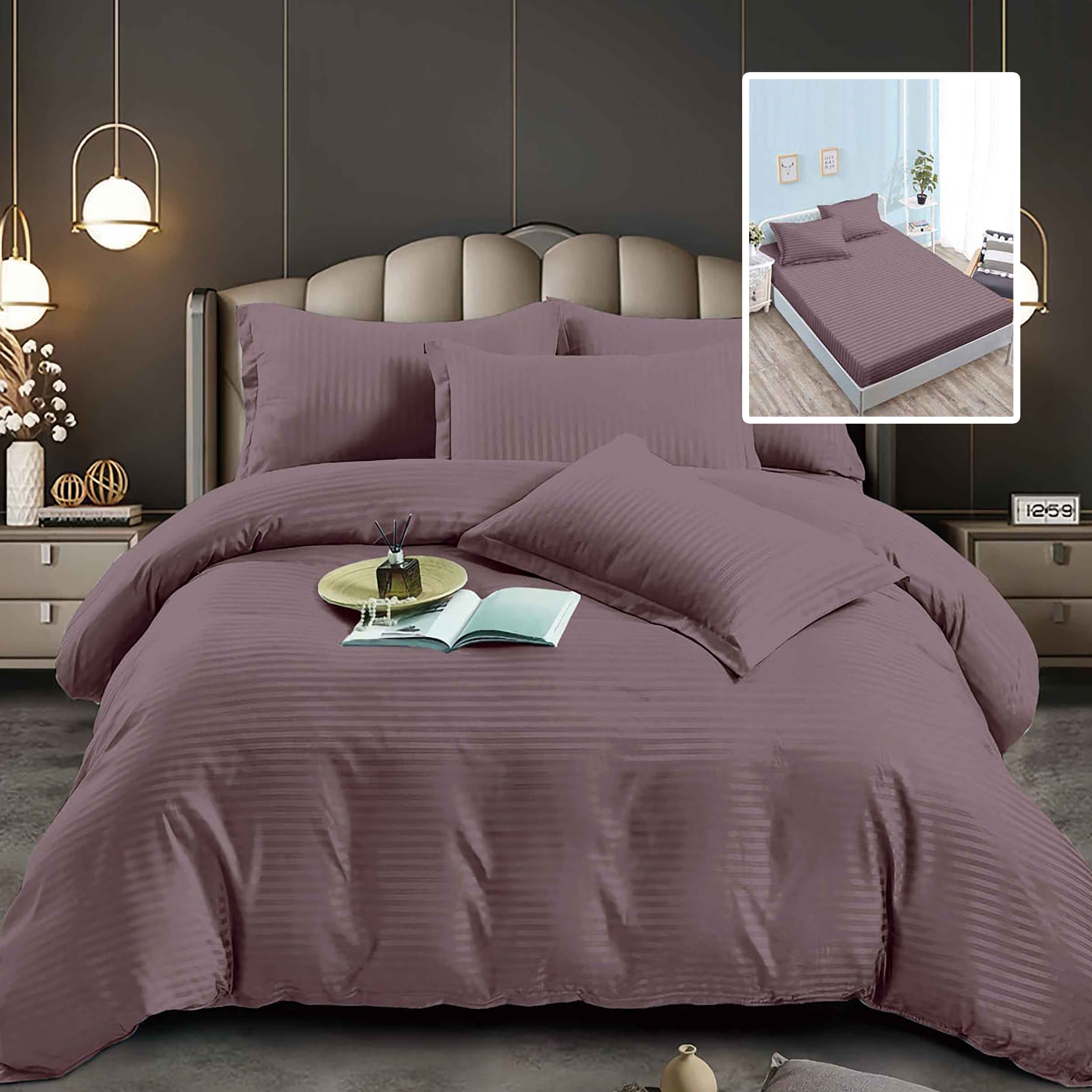 Lenjerie pat dublu DAMASC Policoton 6 piese, Ralex Pucioasa, Cearceaf cu elastic pentru saltea 160x200 cm sau 180x200 cm Orchid