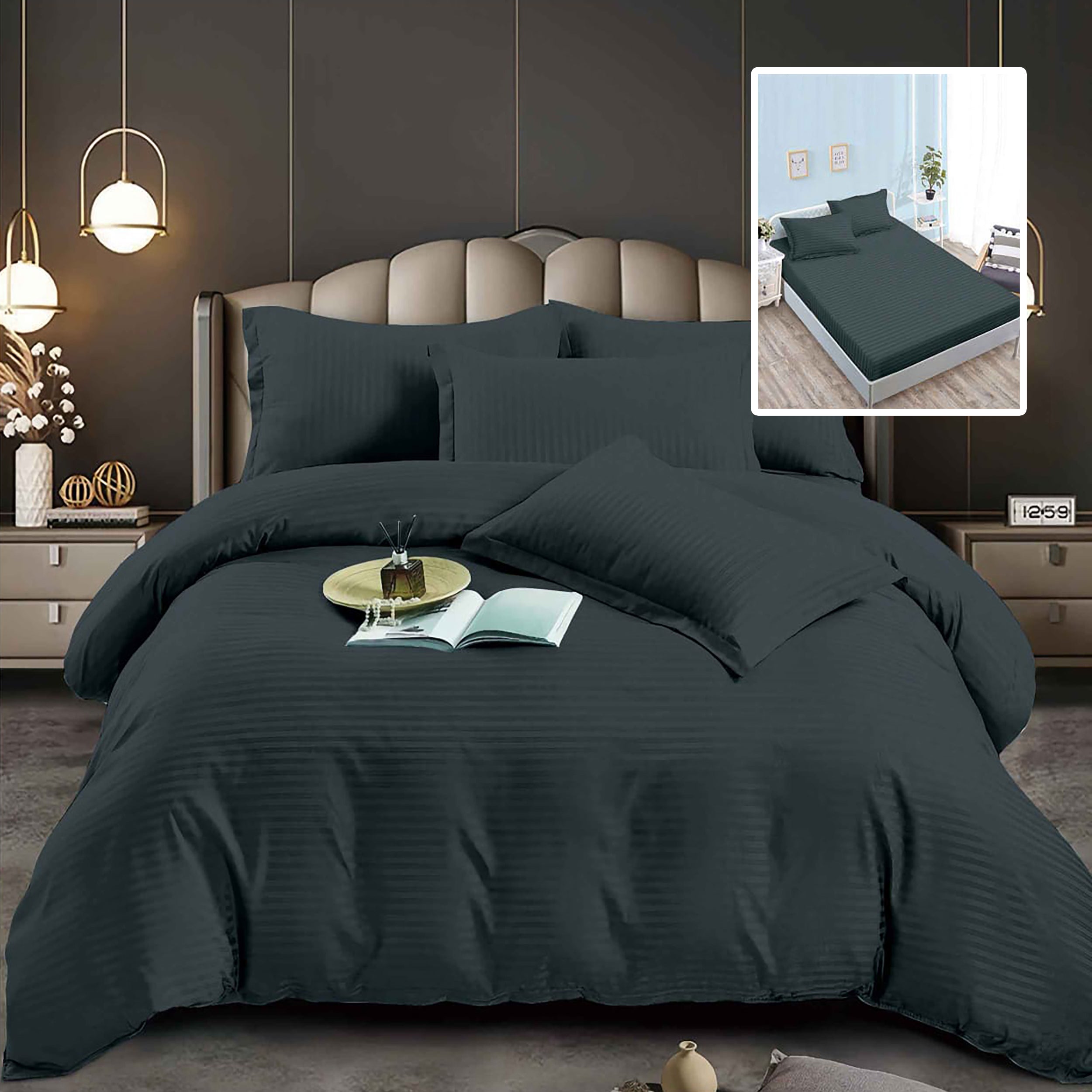 Lenjerie pat dublu DAMASC Policoton 6 piese, Ralex Pucioasa, Cearceaf cu elastic pentru saltea 160x200 cm sau 180x200 cm Negru
