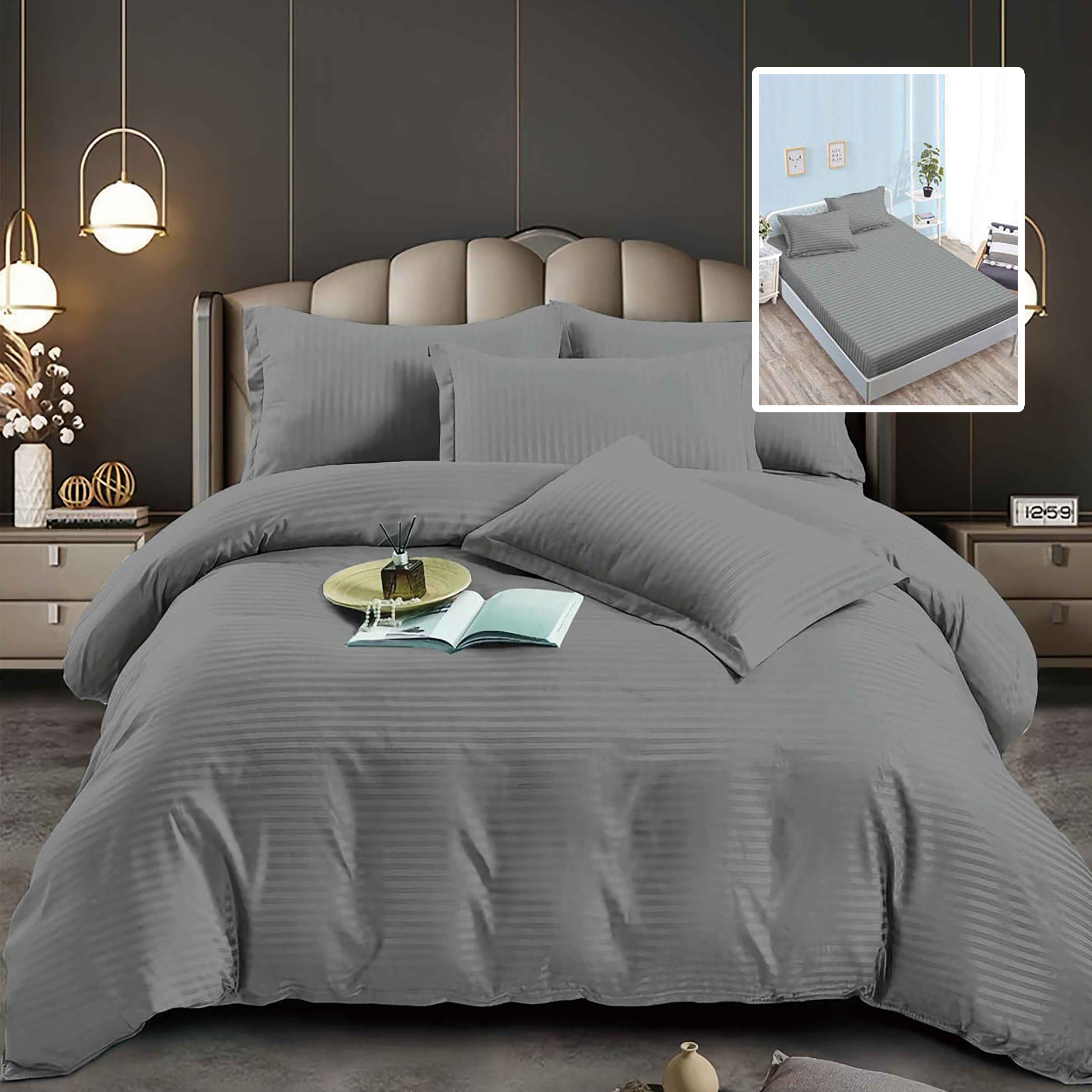 Lenjerie pat dublu DAMASC Policoton 6 piese, Ralex Pucioasa, Cearceaf cu elastic pentru saltea 160x200 cm sau 180x200 cm Gri