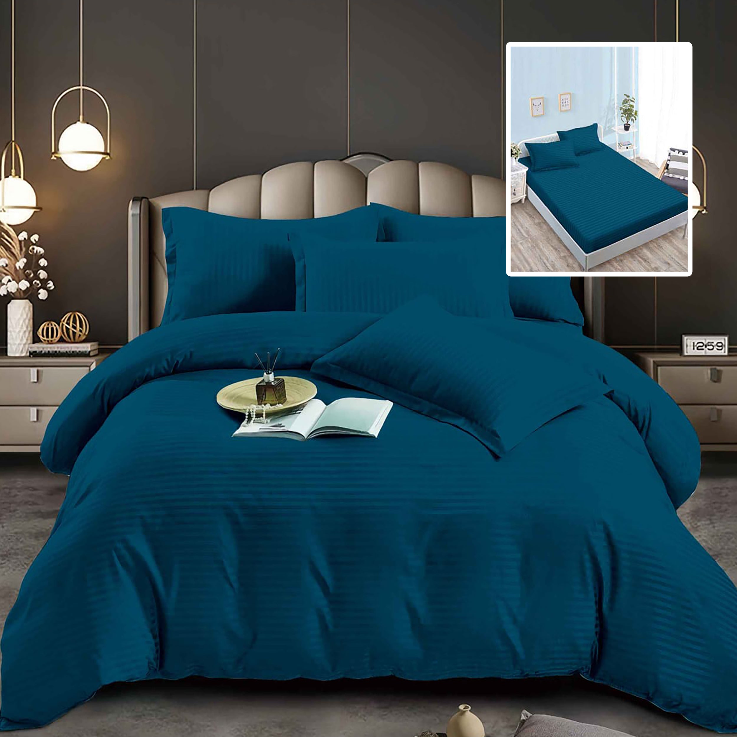 Lenjerie pat dublu DAMASC Policoton 6 piese, Ralex Pucioasa, Cearceaf cu elastic pentru saltea 160x200 cm sau 180x200 cm Turcoaz Inchis