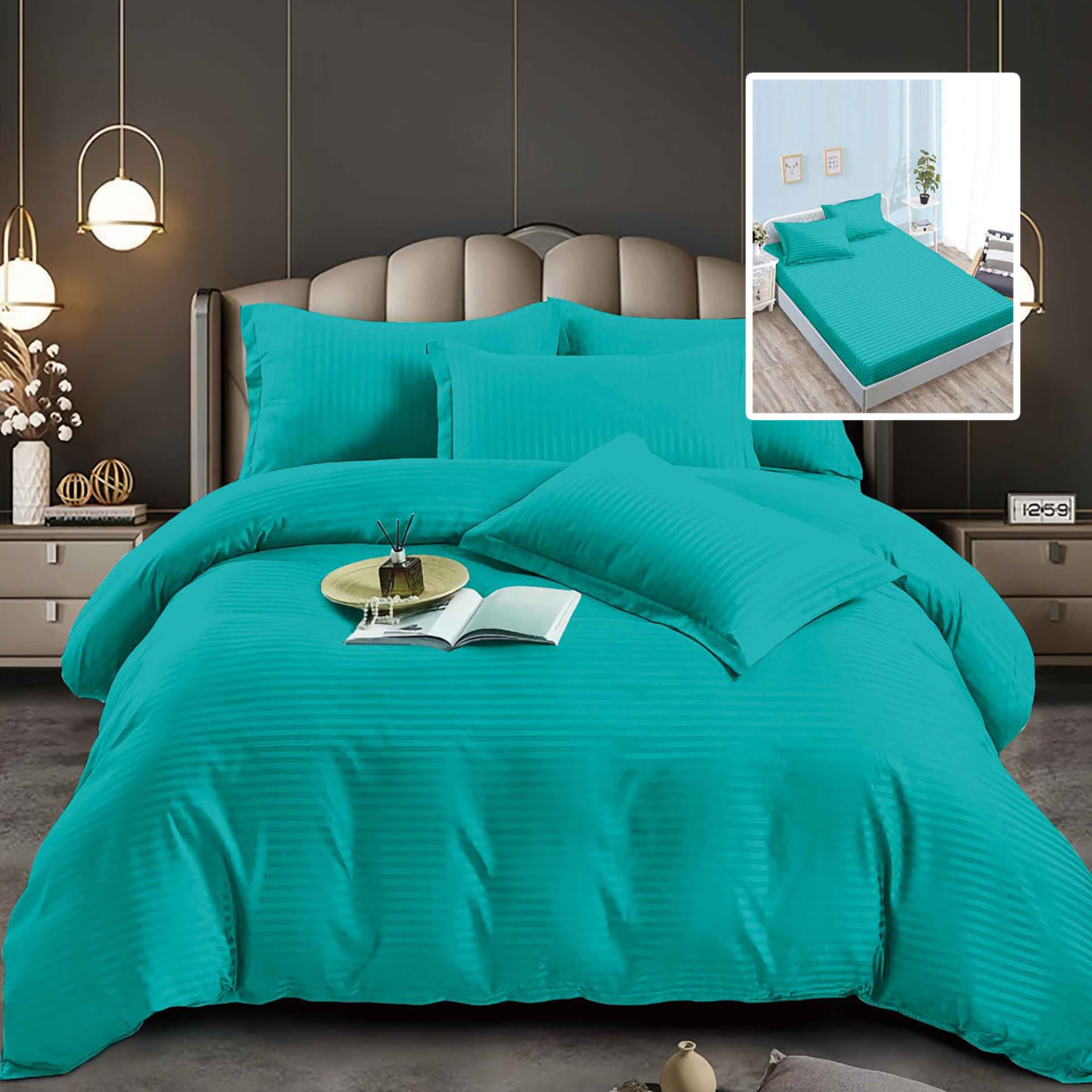 Lenjerie pat dublu DAMASC Policoton 6 piese, Ralex Pucioasa, Cearceaf cu elastic pentru saltea 160x200 cm sau 180x200 cm Turcoaz