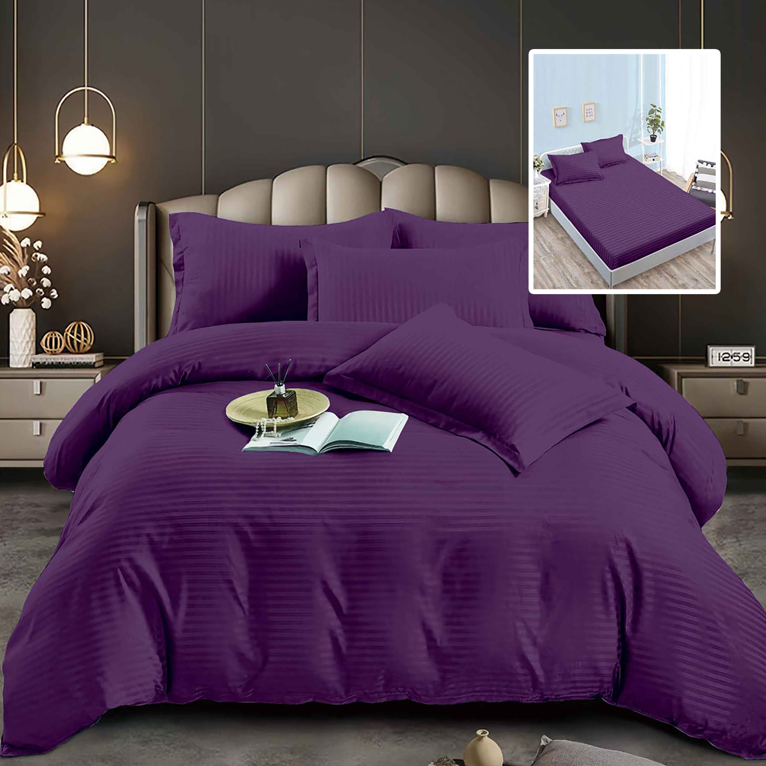 Lenjerie pat dublu DAMASC Policoton 6 piese, Ralex Pucioasa, Cearceaf cu elastic pentru saltea 160x200 cm sau 180x200 cm Mov