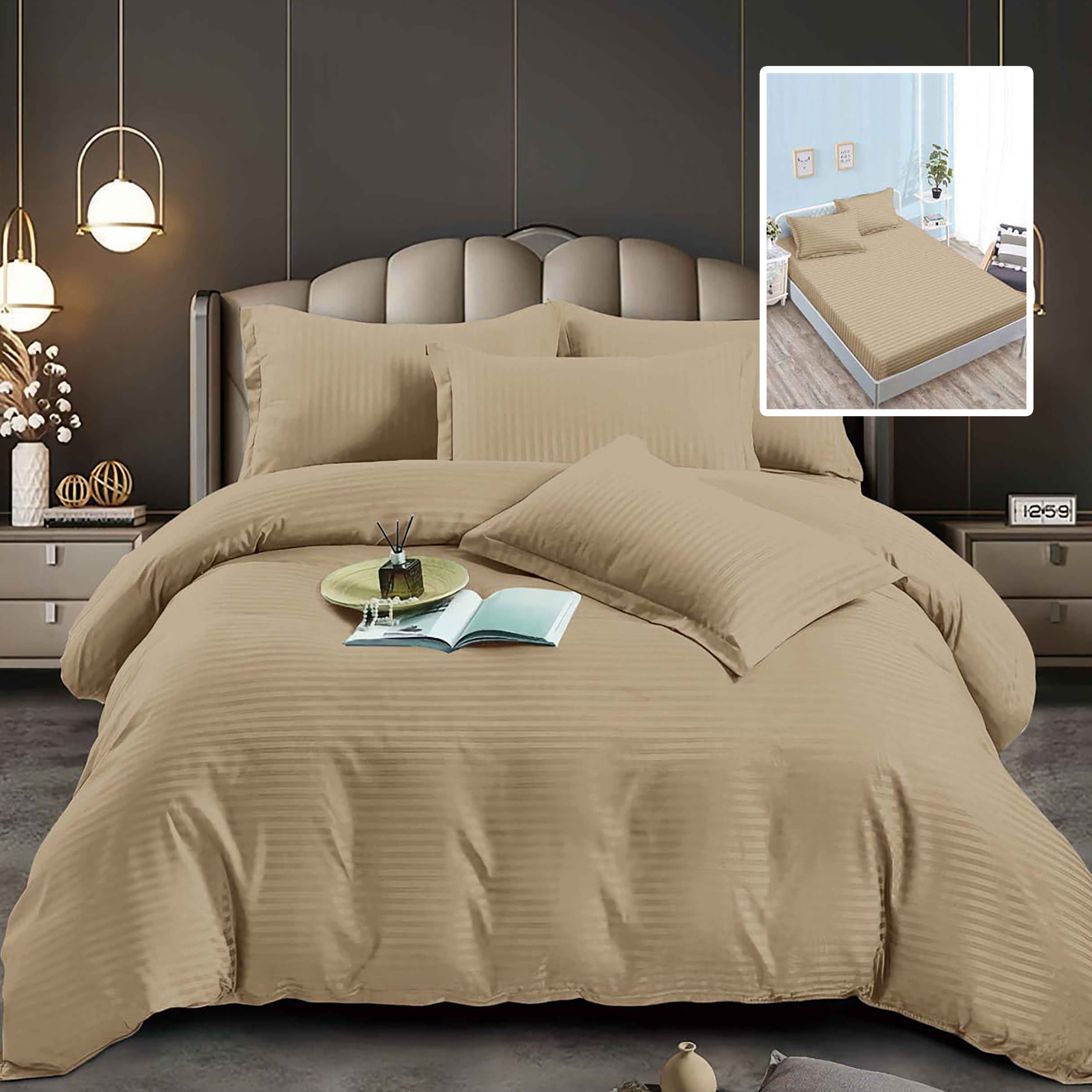 Lenjerie pat dublu DAMASC Policoton 6 piese, Ralex Pucioasa, Cearceaf cu elastic pentru saltea 160x200 cm sau 180x200 cm Mustar
