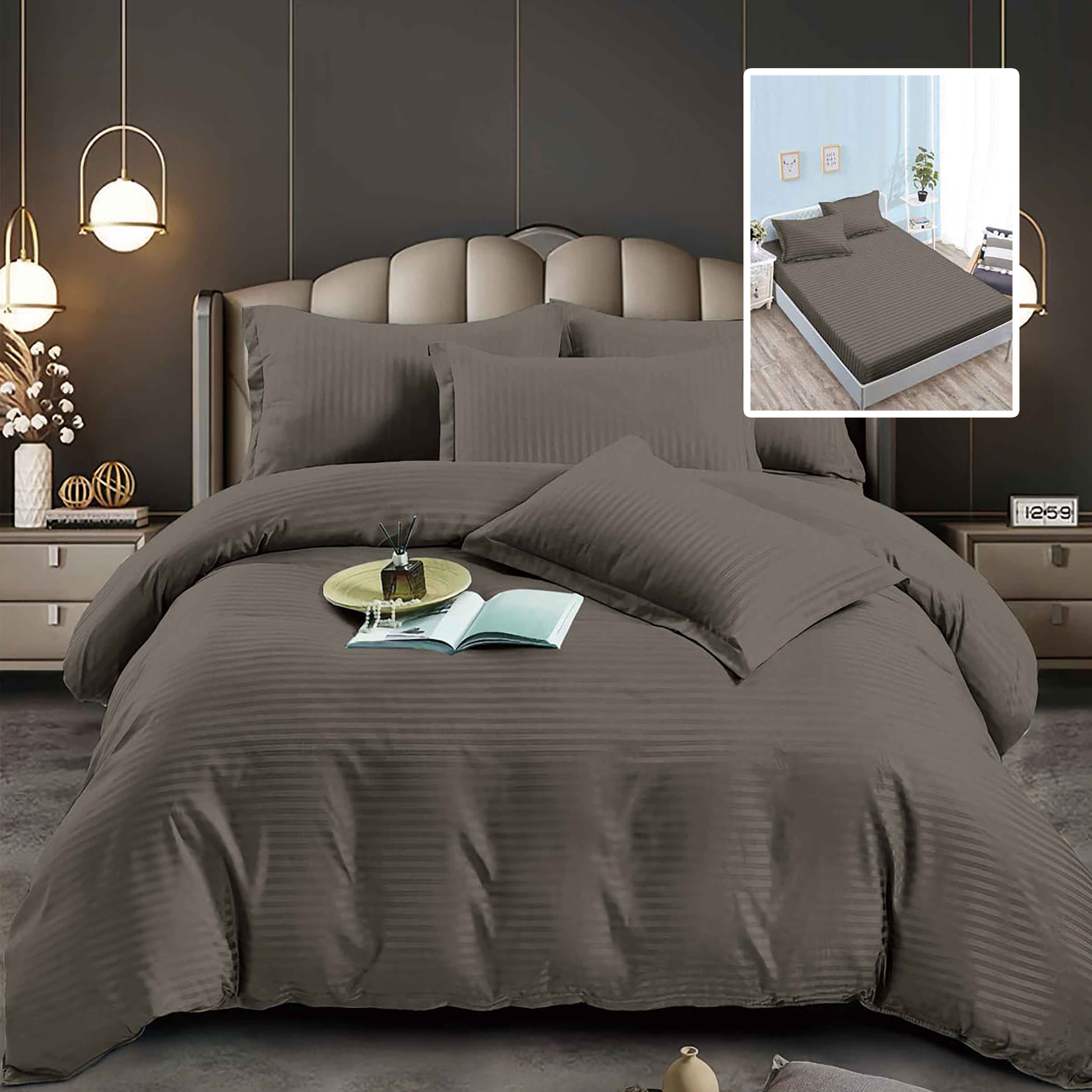 Lenjerie pat dublu DAMASC Policoton 6 piese, Ralex Pucioasa, Cearceaf cu elastic pentru saltea 160x200 cm sau 180x200 cm Cafeniu