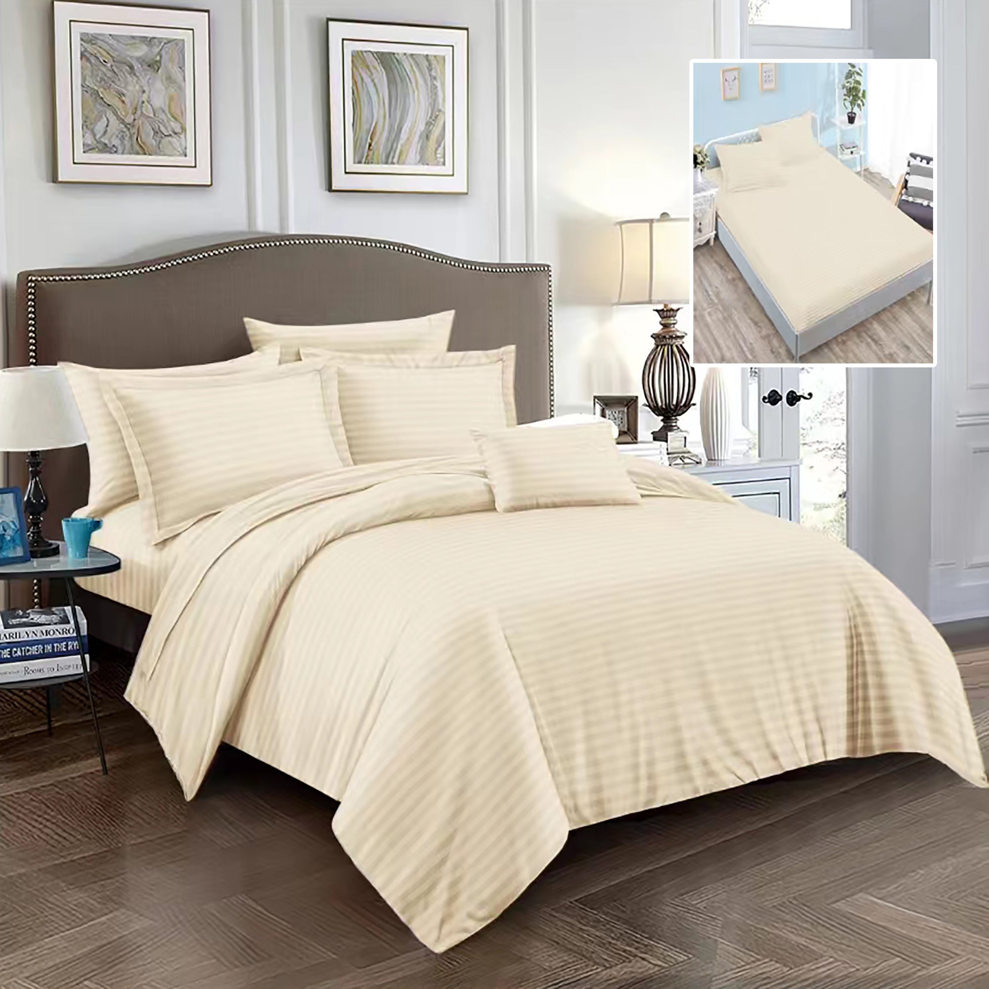 Lenjerie pat dublu DAMASC Policoton 6 piese, Ralex Pucioasa, Cearceaf cu elastic pentru saltea 160x200 cm sau 180x200 cm Crem