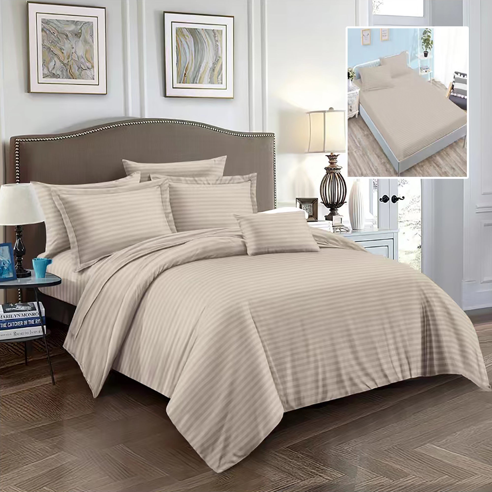 Lenjerie pat dublu DAMASC Policoton 6 piese, Ralex Pucioasa, Cearceaf cu elastic pentru saltea 160x200 cm sau 180x200 cm Bej
