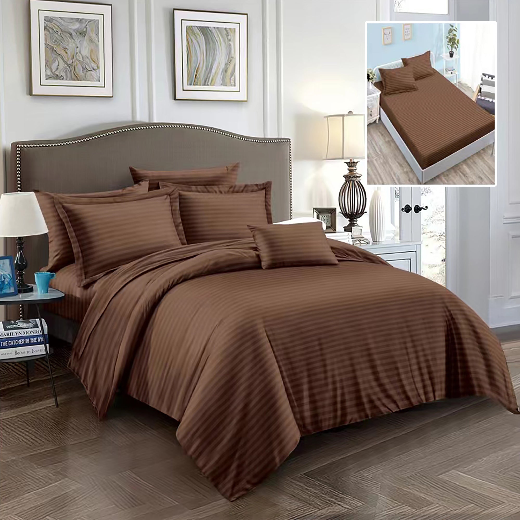 Lenjerie pat dublu DAMASC Policoton 6 piese, Ralex Pucioasa, Cearceaf cu elastic pentru saltea 160x200 cm sau 180x200 cm Maro