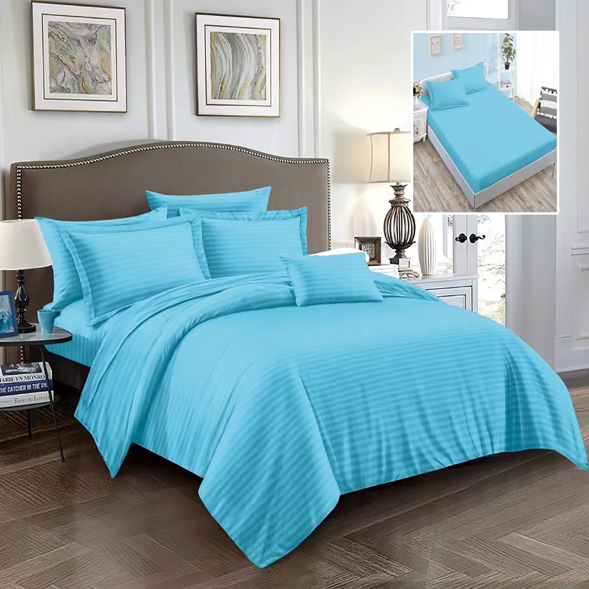 Lenjerie pat dublu DAMASC Policoton 6 piese, Ralex Pucioasa, Cearceaf cu elastic pentru saltea 160x200 cm sau 180x200 cm Bleu