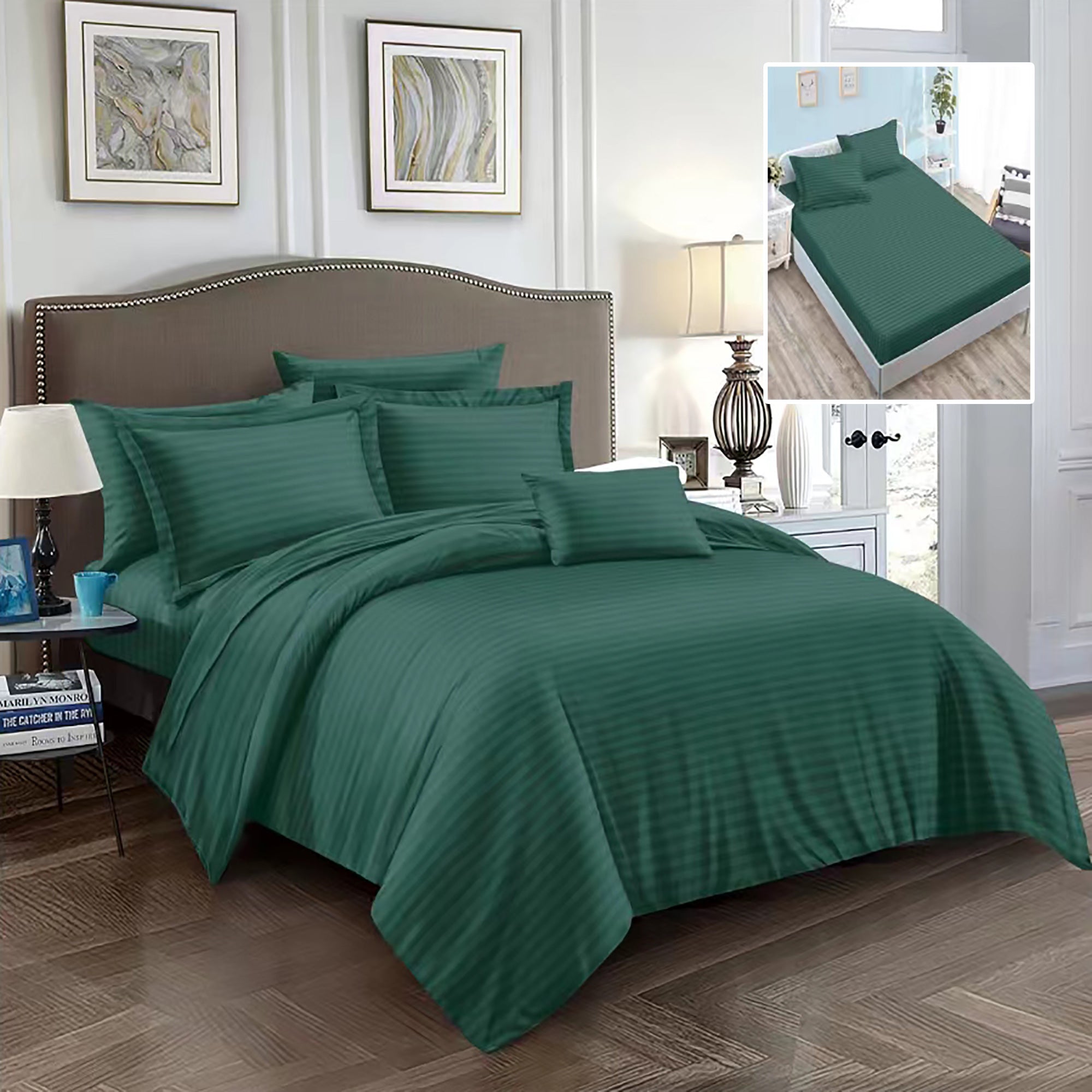 Lenjerie pat dublu DAMASC Policoton 6 piese, Ralex Pucioasa, Cearceaf cu elastic pentru saltea 160x200 cm sau 180x200 cm Verde Inchis