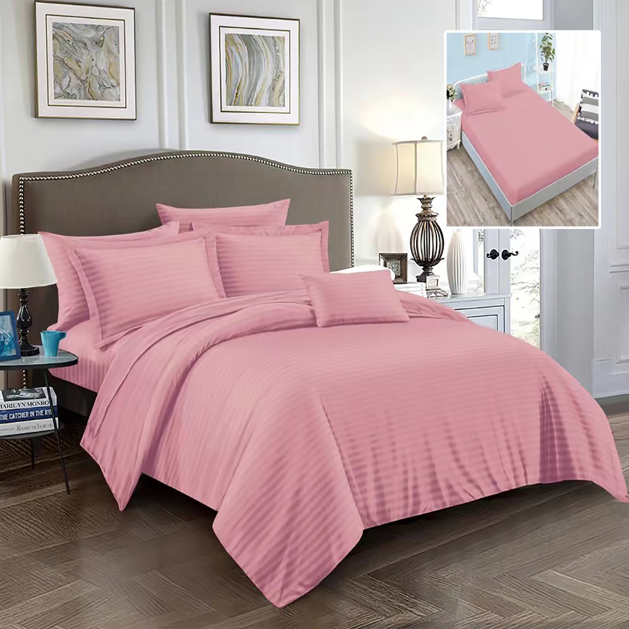 Lenjerie pat dublu DAMASC Policoton 6 piese, Ralex Pucioasa, Cearceaf cu elastic pentru saltea 160x200 cm sau 180x200 cm Corai