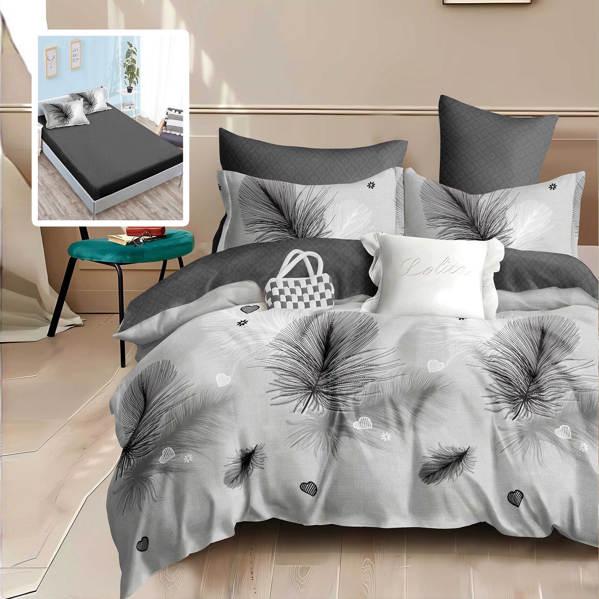 Lenjerie pat dublu Bumbac Finet Gros 6 piese Cearsaf cu elastic universal pentru saltea 160×200/180×200 cm Ralex Pucioasa HANA-VH
