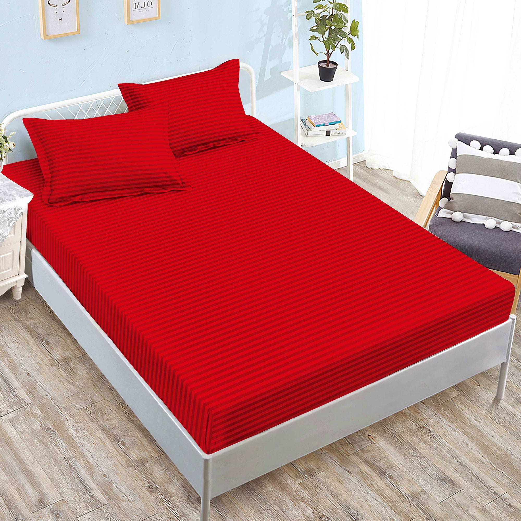 Set husa/cearceaf de pat cu elastic Damasc Policoton Ralex Pucioasa, universal pentru saltea 160x200/180x200 cm si 2 fete perna 50x70 cm Rosu