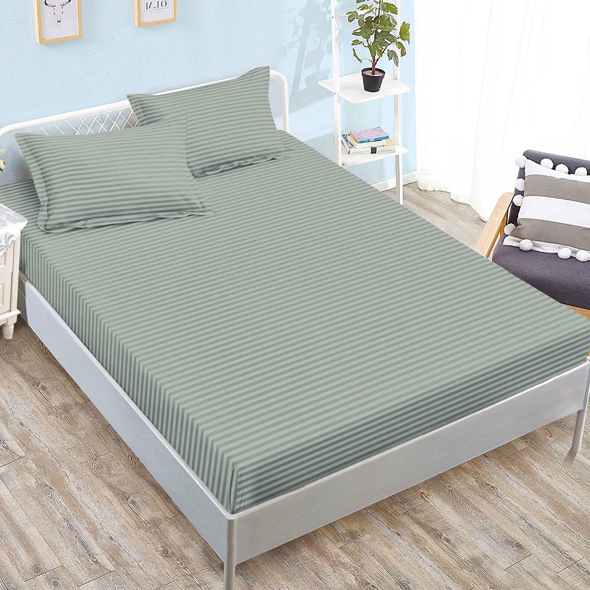 Set husa/cearceaf de pat cu elastic Damasc Policoton Ralex Pucioasa, universal pentru saltea 160x200/180x200 cm si 2 fete perna 50x70 cm Kaki